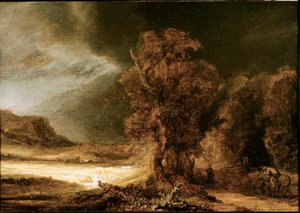 منظر طبيعي في لوحة Good Samaritan بواسطة Harmenszoon van Rijn dit Rembrandt (1606-1669) 1638 Sun. 46.5x66 سم متحف Czartoryski ، كراكوف ، بولندا بواسطة رامبرانت فان راين