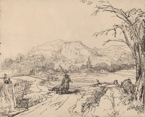 منظر طبيعي مع رياضي وكلب ، ج. 1653. بواسطة رامبرانت فان راين