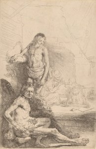 رجل عاري يجلس ورجل عاري يقف ، مع امرأة وطفل في الخلفية ، c. 1646. بواسطة رامبرانت فان راين