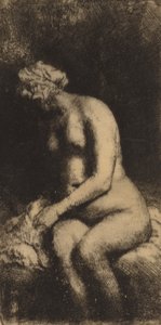 عارية جالسة على مقعد مع وسادة امرأة تستحم قدميها في بروك ، 1658. بواسطة رامبرانت فان راين