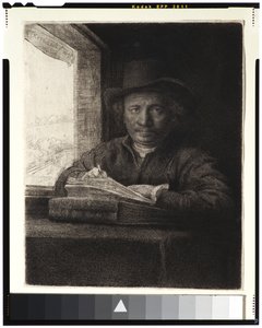 صورة شخصية ، النقش عند النافذة ، 1648 (النقش والنقش على ورق مسدود) بواسطة رامبرانت فان راين