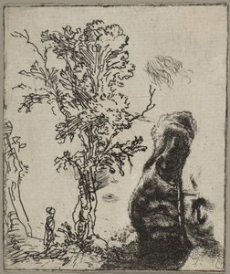 ورقة مع دراستين: شجرة والجزء العلوي من رأس رامبرانت يرتدي فيل ... ، كاليفورنيا. 1642. بواسطة رامبرانت فان راين