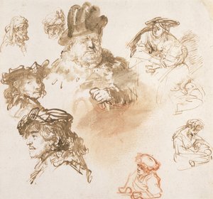 دراسات لرؤساء كبار السن وثلاث نساء مع أطفال ، c.1635-36 (حبر وغسل على الورق) بواسطة رامبرانت فان راين