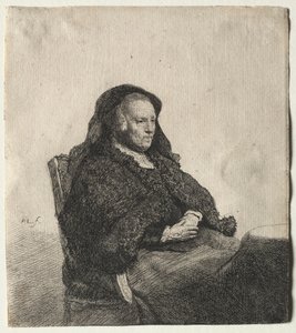 أم الفنانات جالسة على طاولة ، وتبحث عن اليمين: طول الربع الثالث ، ج. 1631. بواسطة رامبرانت فان راين