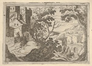 المناظر الطبيعية مع المباني إلى اليسار وجسر على اليمين أدناه ، كاليفورنيا. 1620-50. بواسطة ريميجيو كانتاجالينا