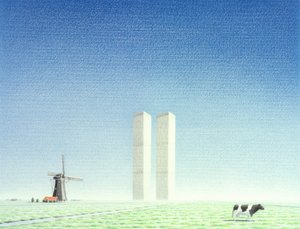 البرجين التوأمين، 2001، رسم بالقلم الرصاص الملون على الورق بواسطة رينيه بوين
