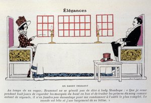 تمثيل بيو بروميل (جورج بريان بروميل) (1778-1840) أمام السيدة ستانهوب ، ولّد تعبير "داندي" ولعب دورًا مهمًا في أزياء الرجال (الطباعة الحجرية) بواسطة رينيه فنسنت