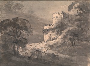 منظر طبيعي مع قلعة مدمرة على اليمين بواسطة Rev. William Gilpin