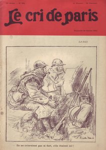 رسم توضيحي لريكاردو فلوريس (1878-1918) لغلاف Le Cri de Paris ، 20/02/16 - La-bas "" لن يصرخوا بصوت عالٍ إذا كانوا هنا. "" - حرب 14-18 ، الصحافة / الإعلام ، حياة الجندي ، الخنادق ، الحياة اليومية ، التدخين ، المربى ، البنادق - الجنود ، المدنيون