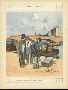 رسم توضيحي لـ Ricardo Flores (1878-1918) في Le Rire ، 05/10/12 - Chez le coiffure - Paris ، Metiers ، Architecture Urbanisme ، Pont ، Riviere Fleuve - الكلب ، مصفف الشعر
