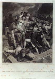 صراع الأدميرال نيلسون في مركبته مع إطلاق إسباني ، ليلة 3 يوليو 1797 ، نقش بواسطة أ.سميث ، نشرته كاديل وديفيز ، مايو 1809 (نقش) بواسطة ريتشارد (بعد) ويستال