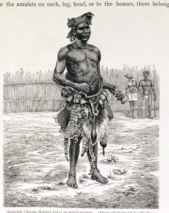 Azandeh (Nyam-Nyam) Binsa أو Witch Doctor ، نقشها Jahrmargt ، من "تاريخ البشرية" للأستاذ فريدريش راتزيل ، حانة. عام 1904 (نقش) بواسطة ريتشارد بوكتا