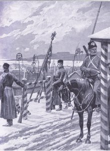 محطة قوزاق في منشوريا مع لافتات قبلية فوق أكواخ الرجال ، صورة توضيحية من Casells History of Russo-Japanese War Vol 1 ، c.1900 بواسطة ريتشارد كاتون وودفيل