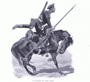 القوزاق من الخط ، التوضيح من Casells History of Russo-Japanese War Vol 1 ، c.1900 بواسطة ريتشارد كاتون وودفيل
