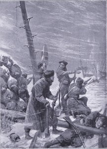 الهجوم على السكة الحديد من قبل Chunchuses ، التوضيح من Casells History of Russo-Japanese War Vol 1 ، c.1900 بواسطة ريتشارد كاتون وودفيل