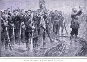 قبل المعركة: صلاة روسية من أجل النجاح ، توضيح من Casells History of Russo-Japanese War Vol 1 ، c.1900