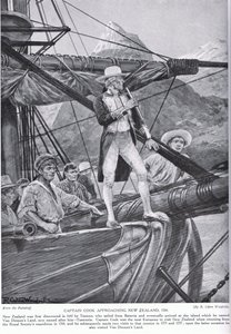 الكابتن كوك يقترب من نيوزيلندا ، رسم توضيحي من "قصة هتشنسون عن الأمة البريطانية" ، ج .1923