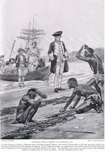 الكابتن كوك ينزل في تسمانيا ، 1777 ، رسم توضيحي من "قصة هتشنسون للأمة البريطانية" ، ج .1923
