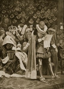 The Homage، the Largesse and General Pardon at the Coronation of James I and Anne of Denmark، 25 يوليو، 1603، from &39;The Illustrated London News، 1902 بواسطة ريتشارد كاتون وودفيل