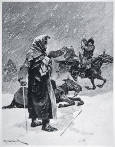 قام رماة القوزاق الأتراك البشكير بمهاجمة ومطاردة انسحاب جيش نابليون من روسيا في عام 1812 (لون ليثو)
