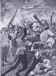 الدفاع عن Rorkes Drift ، توضيح من المعارك البريطانية في البر والبحر ، 1915 بواسطة ريتشارد كاتون وودفيل جونيور