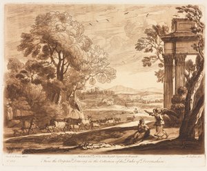Liber Veritatis: No. 133، A Landscape، with Cattle، and Angel Comforting Hagar، 1776. بواسطة ريتشارد إيرلوم