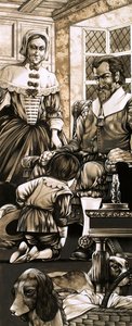 صبي من القرن السابع عشر يجثو على ركبتيه أمام والده تائباً (غواش على ورق)
