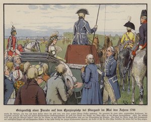 ملكة بروسيا لويز في موكب على أرض العرض في ستارغارد ، مايو 1798 (لون ليثو) بواسطة ريتشارد نوتيل