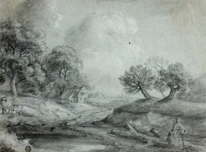 منظر طبيعي مع امرأة وأبقار (وجه الصفحة) ؛ رسم تخطيطي لمنظر طبيعي (ظهر) بواسطة ريتشارد ويلسون