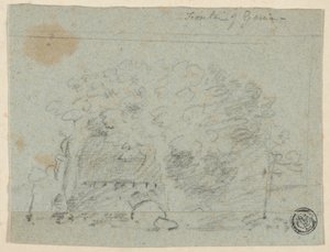 رسم تخطيطي للأشجار بالقرب من الجسر (الوجه)؛ رسم تخطيطي للمبنى (الظهر) بواسطة ريتشارد ويلسون