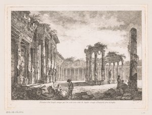 Gezicht op de Tempel van Jupiter Serapis يُعتقد أن ارتفاع معبد قديم يُعتقد أنه معبد جوبيتر سيرابيس في بوزولي بالقرب من نابولي (العنوان على الشيء) بواسطة ريتشارد دي سانت نون