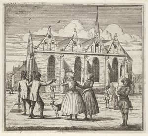 رجال ونساء في ميدان بالقرب من Grote Kerk في ليوواردن الشتاء. (عنوان المسلسل) مشاهد الشتاء (عنوان المسلسل)