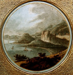 قلعة فوق خليج مع سفن ، حوالي عام 1775 (قلم وحبر مع ألوان مائية على ورق) بواسطة روبرت (أتر. إلى) آدم