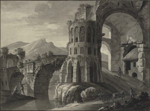 الخيال المعماري. أنقاض جسر عتيق تحيط به أبراج من القرون الوسطى بواسطة روبرت آدم