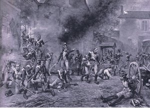 الدفاع عن Hougoumont في 18 يونيو 1815 ، توضيح من المعارك البريطانية في البر والبحر ، 1915