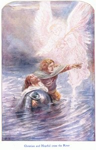 Christian and Hopeful يعبران النهر ، من The Pilgrims Progress الذي نشره John F Shaw & Co ، حوالي عام 1900 (لون ليثو) بواسطة روبرت أمبروز دادلي
