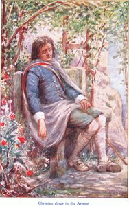 كريستيان ينام في الشجرة ، من كتاب The Pilgrims Progress الذي نشره John F Shaw & Co ، حوالي عام 1900 (لون ليثو) بواسطة روبرت أمبروز دادلي