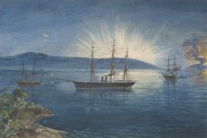 The Bay of Bull Arms ، Trinity Bay ، Newfoundland ، Bonfires مضاءة على التلال لإخطار ... ، 1865-66 بواسطة روبرت تشارلز دادلي