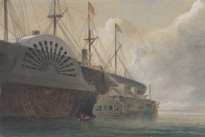 الفرقاطة القديمة مع شحنتها من الكابلات إلى جانب Great Eastern في Sheerness .. ، 1865.