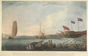 A View of Blackwall ، مع جزء من Dockyard ، عند إطلاق قلعة بومباي ، 74 بندقية ، تم بناؤها على نفقة Hon. شركة الهند الشرقية وقدموها إلى جلالة الملك في يونيو 1782 بواسطة روبرت دود