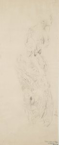 رسم تخطيطي لامرأة في فستان مطبوع بالزهور ، ربما من أجل Moods to Music Mural ، 1893-98 (جرافيت وقلم رصاص أصفر على ورق منسوج برتقالي) بواسطة روبرت فريدريك بلوم