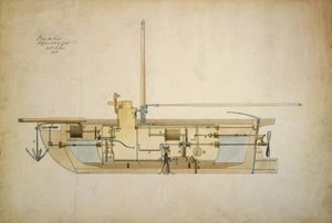 الرسم الأصلي لـ Nautilus ، أول قارب تحت الماء (غواصة) ، قدمه مخترعه روبرت فولتون (1765-1815) إلى مجلس الشيوخ الأمريكي في عام 1806.
