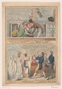 Spotprent over het huwelijk van de markies van Worcester en Anne Francis Culling Smith، 1822 الحب يضحك على الأقفال -أو- يقتل الدوق !!! مهزلة تم إجراؤها مؤخرًا في شارع Upper Brook Street / Giovani من Worcester - أو - تم استرداد Libertine (العنوان على