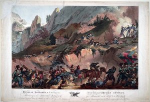 في عام 1799 ، قاتلت قوات نابليون على جسر الشيطان ضد الروس بقيادة الجنرال سوفاروف - الجيش الروسي يعبر جسر الشيطان عام 1799 - بورتر ، روبرت كار (1777-1842) - 1804 - أكواتينت - 63 × 91.3 - مجموعة خاصة