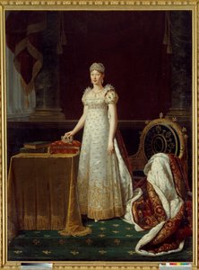 صورة للإمبراطورة ماري لويز النمساوية (ماري لويز) (1791-1847) ، زوجة نابليون الأول ، مثلت ريجينتي للإمبراطورية وترتدي مجموعة شوميه الماسية التي تبرع بها نابليون في عام 1812 - خلفها ، كرسي بذراعين مزين على الطراز الإمبراطوري نابليون "N" بواسطة روبرت ليفيفر