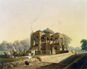 المعبد القديم في Hulwud ، من المجلد الأول من "المناظر الطبيعية والأزياء والهندسة المعمارية في الهند" ، الذي رسمه F. Witherington ، محفور بواسطة G.Hunt وملون بواسطة JB Hogarth ، حانة. بواسطة أكرمان ، 1826 (أكواتين