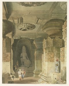 داخل معبد الكهف في إندرا سوبا في Ellora ، من المجلد الثاني للمشهد والأزياء والهندسة المعمارية في الهند ، رسمه ديفيد روبرتس (1796-1864) محفورًا بواسطة توماس كيرنان (fl.1821-50) ونقش بواسطة روبرت ميلفيل جريندلاي