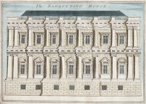 دار الولائم ، وايتهول ، من كتاب "آفاق الأماكن الرائعة في وحول مدينة لندن" ، ج 1700 (النقش)