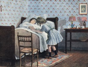 طفلة صغيرة بجانب سرير والدتها المريضة تنتظر حربها. رسم إيضاحي لروبرت ساليس (1871-1929) في "" Je sais Lire "". بواسطة روبرت ساليس