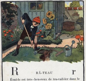 كتاب الأطفال "" سوف أقرأ - الأبجدية المنهجية والممتعة لأبي "" "1926. رسم لروبرت ساليس (1871-1929). Abecedaire: حرف R مثل الخليع. حديقة صبي في حديقة منزله. بواسطة روبرت ساليس